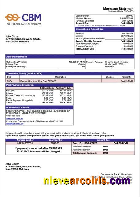 Maldives Commercial Bank of Maldives mortgage statement Word and PDF template